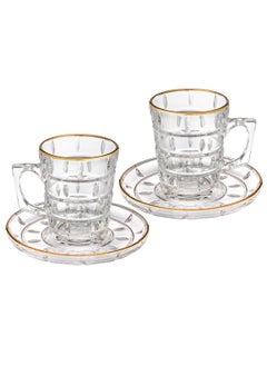 Elegant Clear glass tea set of 6 teacups and 6 saucers with gold line decor  - Image 1
