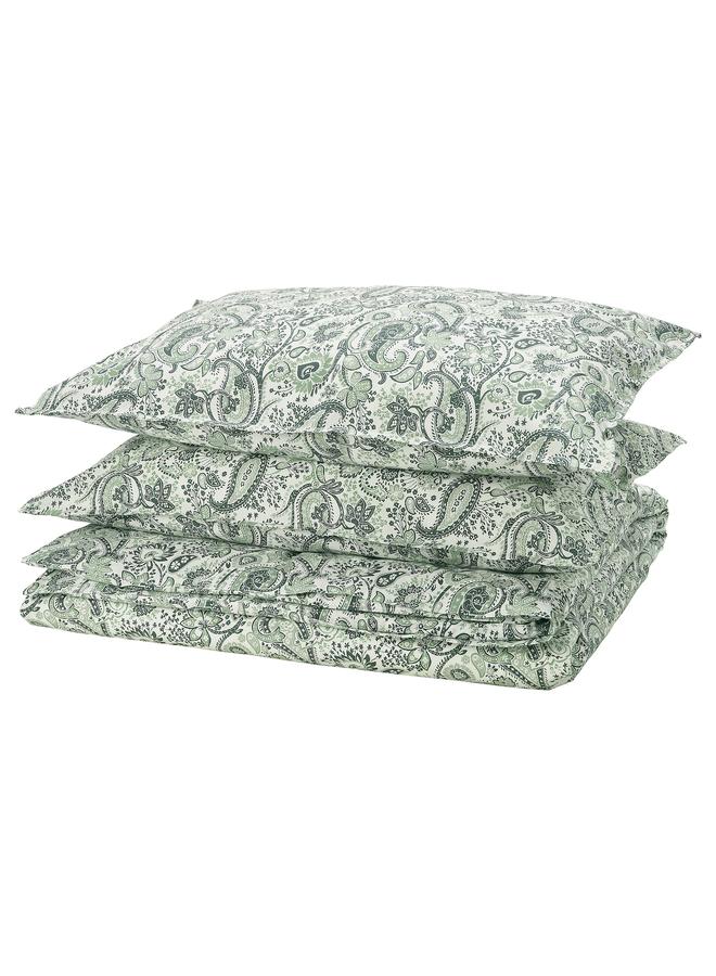 Zaboon Duvet cover and 2 pillowcases, green/white, 240x220/50x80 cm - Image 1