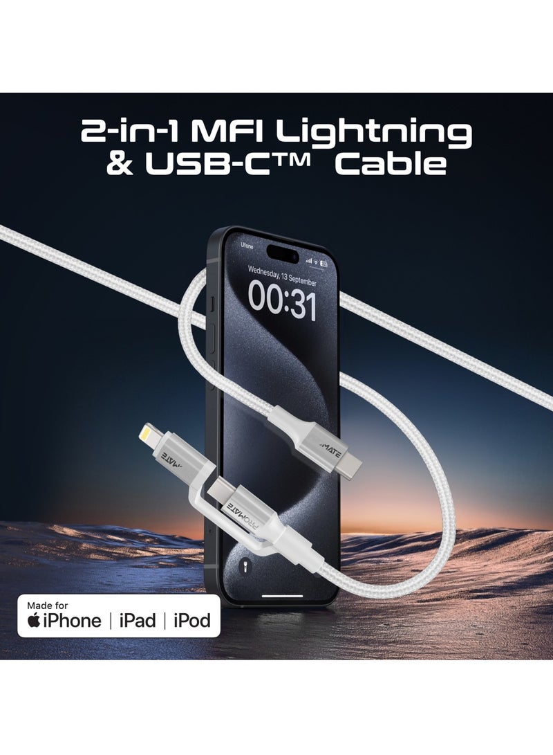 بروميت عالي السرعة 3 في 1 معتمد من MFI Lightning و USB-C™ ، 60 واط USB-C™ و 27 واط مخرج Lightning ، 1.2 متر متين ، نقل بيانات 480 ميجابت في الثانية - PowerLink-CCi - Image 2