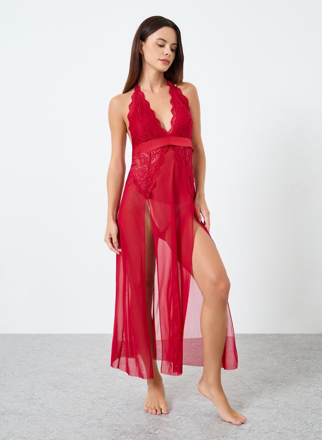 تايك تو فستان كامي شبكي سادة مزين بتطريز دانتيل وحزام وحافة مفتوحة - Image 1