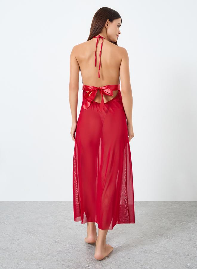 تايك تو فستان كامي شبكي سادة مزين بتطريز دانتيل وحزام وحافة مفتوحة - Image 4