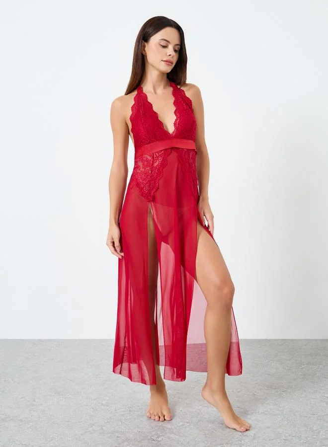 Take Two Solid Mesh Patchwork Lace Embroidery Belted Split Hem Cami Dress