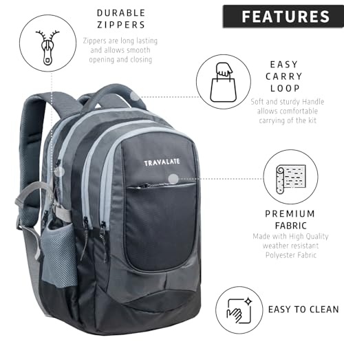 TRAVALATE 40L Four Compartment Backpack for School, Collage, Office, and Travel | Casual Laptop Backpack with Adjustable Padded Shoulder Strap, Mesh Back and Laptop Compartment| Grey - Image 2