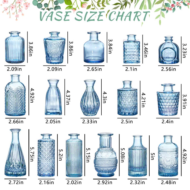 SUPMIND 16pcs Glass Bud Vase Set, Small Blue Flower Vases for Centerpieces in Bulk, Mini Vintage Vase for Wedding, Home Decor, Table Decoration - Image 2