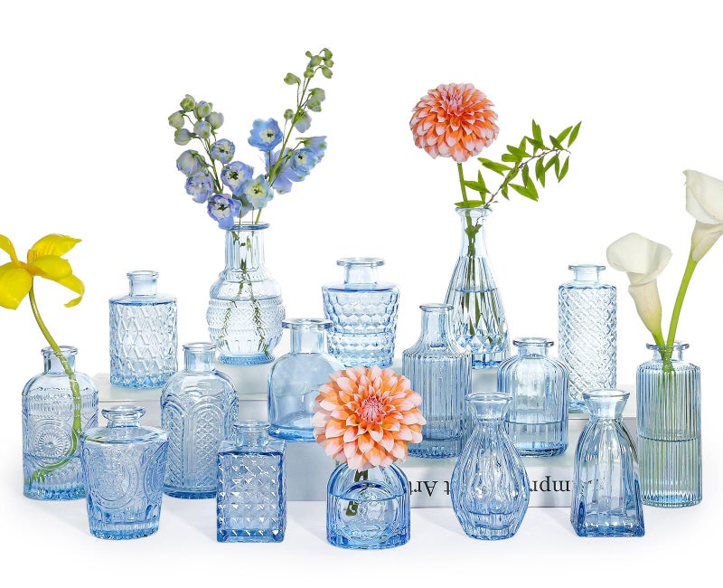 SUPMIND 16pcs Glass Bud Vase Set, Small Blue Flower Vases for Centerpieces in Bulk, Mini Vintage Vase for Wedding, Home Decor, Table Decoration - Image 1