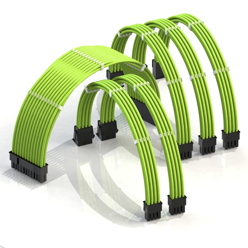 LINKUP - AVA 50cm PSU Cable Extension Sleeved Custom Mod GPU PC Braided w/Comb Kit - Compatible with RTX3090 | 1 x 24 P (20+4) | 2 x 8 P (4+4) CPU | 3 x 8 P (6+2) GPU Set | 500mm - Green - Image 1