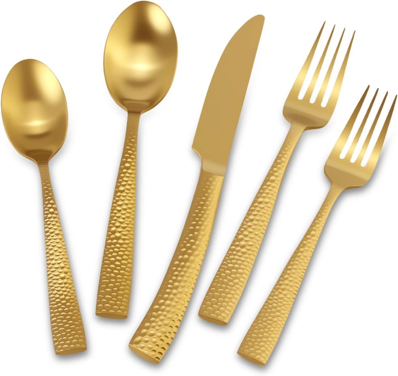 Flatasy Matte Gold Hammered Flatware Set Stainless Steel Silverware Set 20 Pieces Cutlery Set for Home Kitchen Restaurant Hotel Housewarming Wedding Gift Service for 4  - Image 1