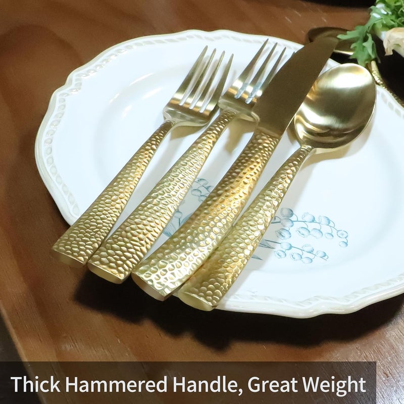 Flatasy Matte Gold Hammered Flatware Set Stainless Steel Silverware Set 20 Pieces Cutlery Set for Home Kitchen Restaurant Hotel Housewarming Wedding Gift Service for 4  - Image 3