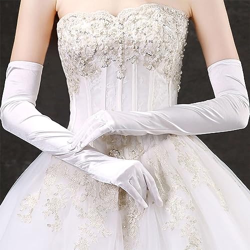Nackiy Long White Opera Gloves for Women, 1920s Satin Stretchy Elbow Length Party Gloves Costumes Bridal, 20inch - Image 2