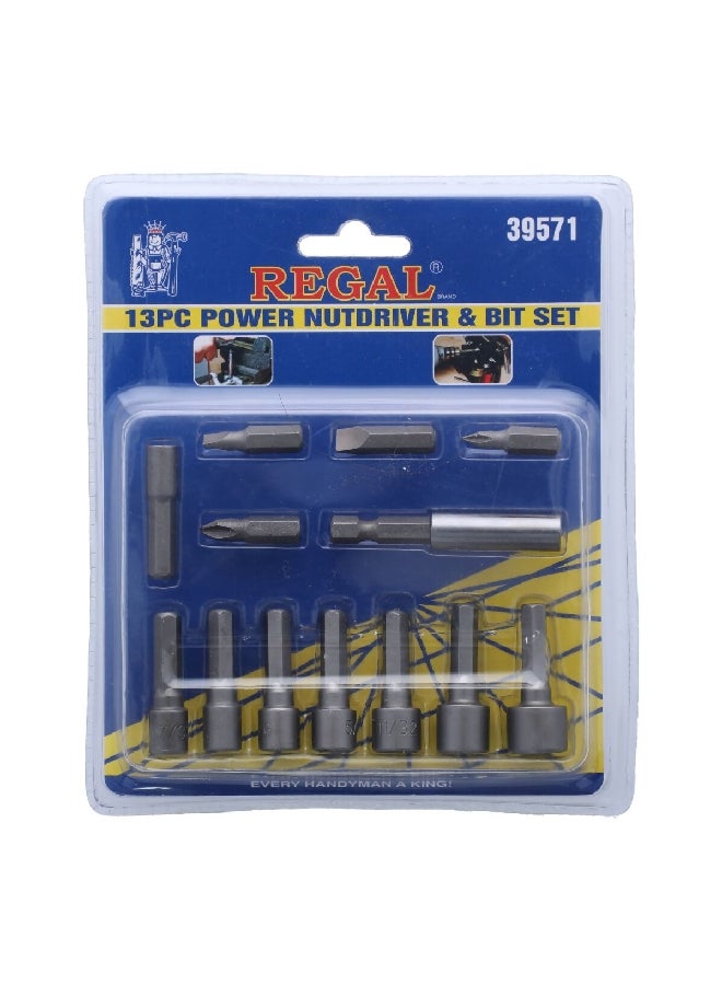 13-Piece Break-Resistant Durable Power Nut Driver and Bit Set Grey 2.6 x 16.4 x 14.4 cm 39571