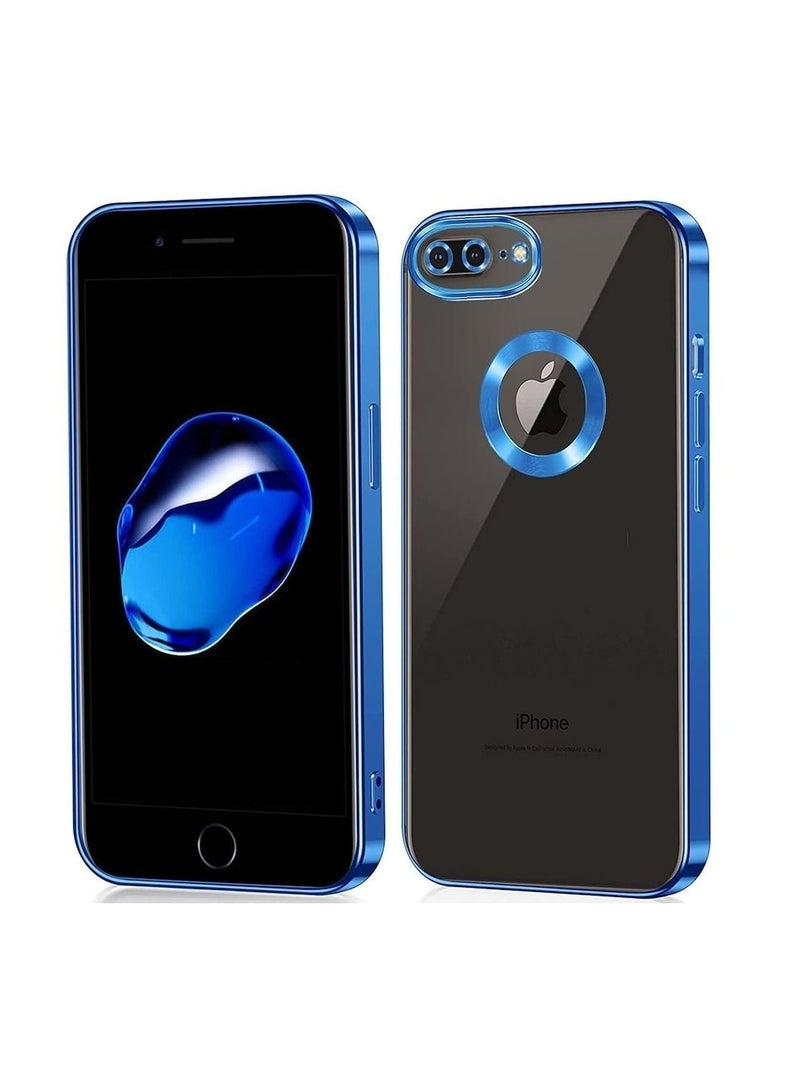 مناسبة ل iPhone 7 Plus كروم حلقة شعار قطع تصفيح TPU زجاج عدسة جراب هاتف آيفون 7/8 Plus أزرق - Image 1