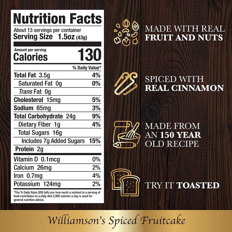 كعكة الفواكه المتبلة من ويليامسون، كعكة فواكه، مصنوعة حديثًا، وجبة خفيفة فاخرة، هدية غذائية مع فواكه ومكسرات فاخرة (20 أونصة، عبوة من 2)  - Image 2