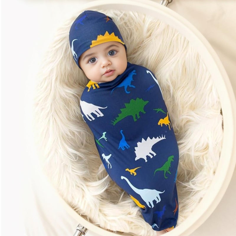 Galabloomer Newborn Swaddle Blanket with Beanie Set Baby Boy Receiving Blanket - Image 2