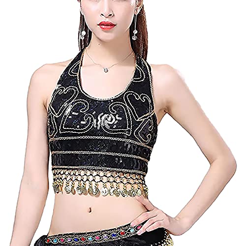 VRITRAZ Lady's Belly Dance Heart Design Chiffon Banadge Top with Chest Pad Hanging Bells and Coins (Black) Belly Dance Costume Top for Women, Oriental Dancewear Bra, Festival - Image 1