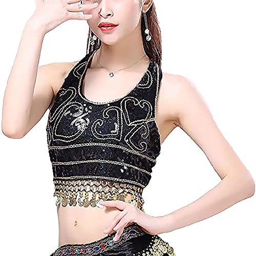 VRITRAZ Lady's Belly Dance Heart Design Chiffon Banadge Top with Chest Pad Hanging Bells and Coins (Black) Belly Dance Costume Top for Women, Oriental Dancewear Bra, Festival - Image 5