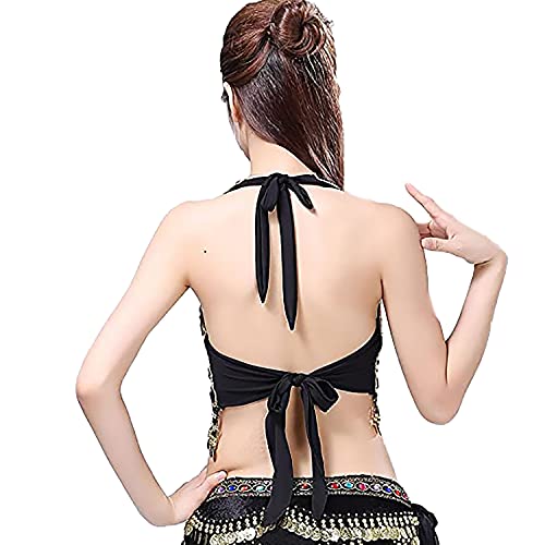 VRITRAZ Lady's Belly Dance Heart Design Chiffon Banadge Top with Chest Pad Hanging Bells and Coins (Black) Belly Dance Costume Top for Women, Oriental Dancewear Bra, Festival - Image 4