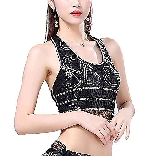 VRITRAZ Lady's Belly Dance Heart Design Chiffon Banadge Top with Chest Pad Hanging Bells and Coins (Black) Belly Dance Costume Top for Women, Oriental Dancewear Bra, Festival - Image 3