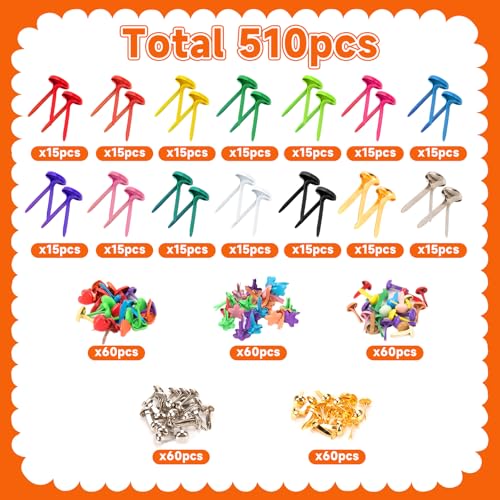 fuceury 510Pcs Brads for Paper Crafts, 14 Colors and 5 Styles Metal Brass Brads Paper Fasteners, Mini Brads Split Pin for Paper Crafts, Scrapbooking, DIY Projects, Office Supplies (with Storage Box) - Image 2