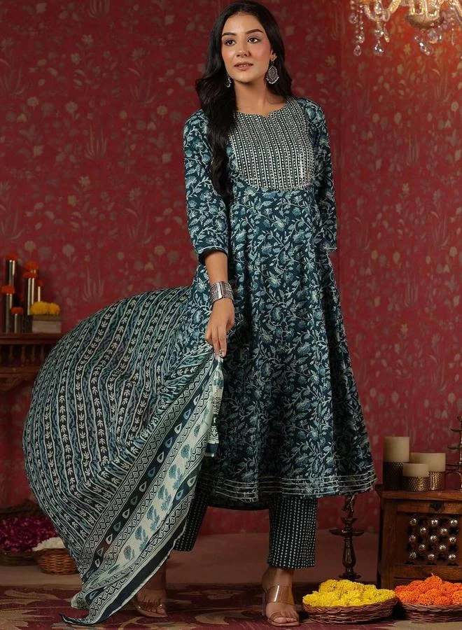 ISHIN Ishin Blue Floral Kurta with Pants and Dupatta Set