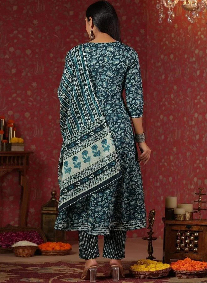 ISHIN Ishin Blue Floral Kurta with Pants and Dupatta Set