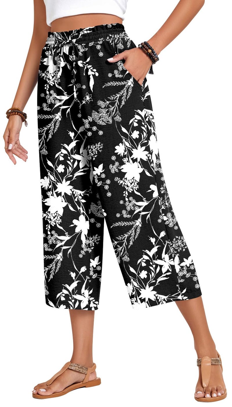 Anyhold Womens Plus Size Capri Pants Loose High Waisted Wide Leg Lounge Pants Drawstring Casual Palazzo Trousers with Pockets 2X-Large, Black Campanula - Image 1