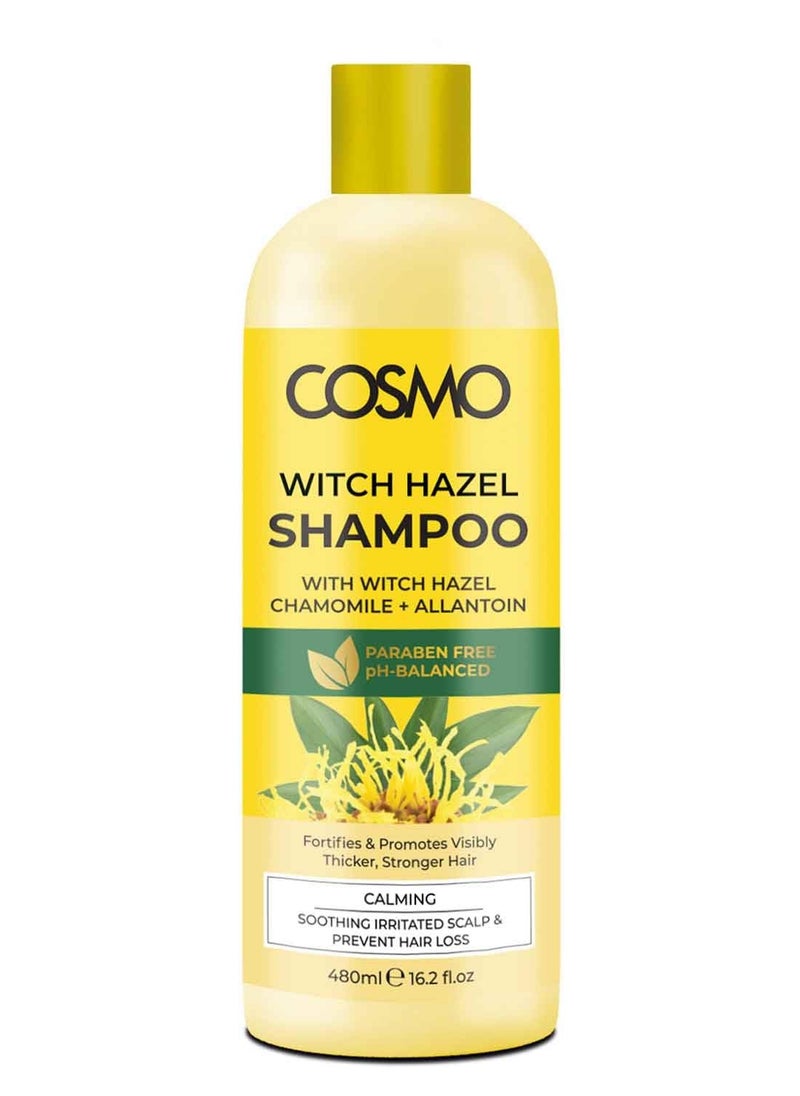 COSMO Cosmo Witch Hazel Shampoo 480ml, With Witch Hazel Chamomile, Allantoin, Paraben Free, Ph-balanced, Calming, Soothing Irritated Scalp and Prevents Hair Loss, for Men and Women 