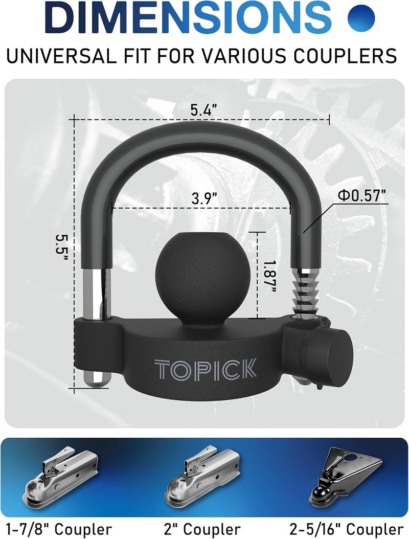 Topick Trailer Coupler Lock, Universal Coupler Ball Lock, Trailer Security Hitch Locks, Fits 1-7/8", 2", and 2-5/16" Couplers, Matte Black with PVC Coated U-Bolt - Image 2