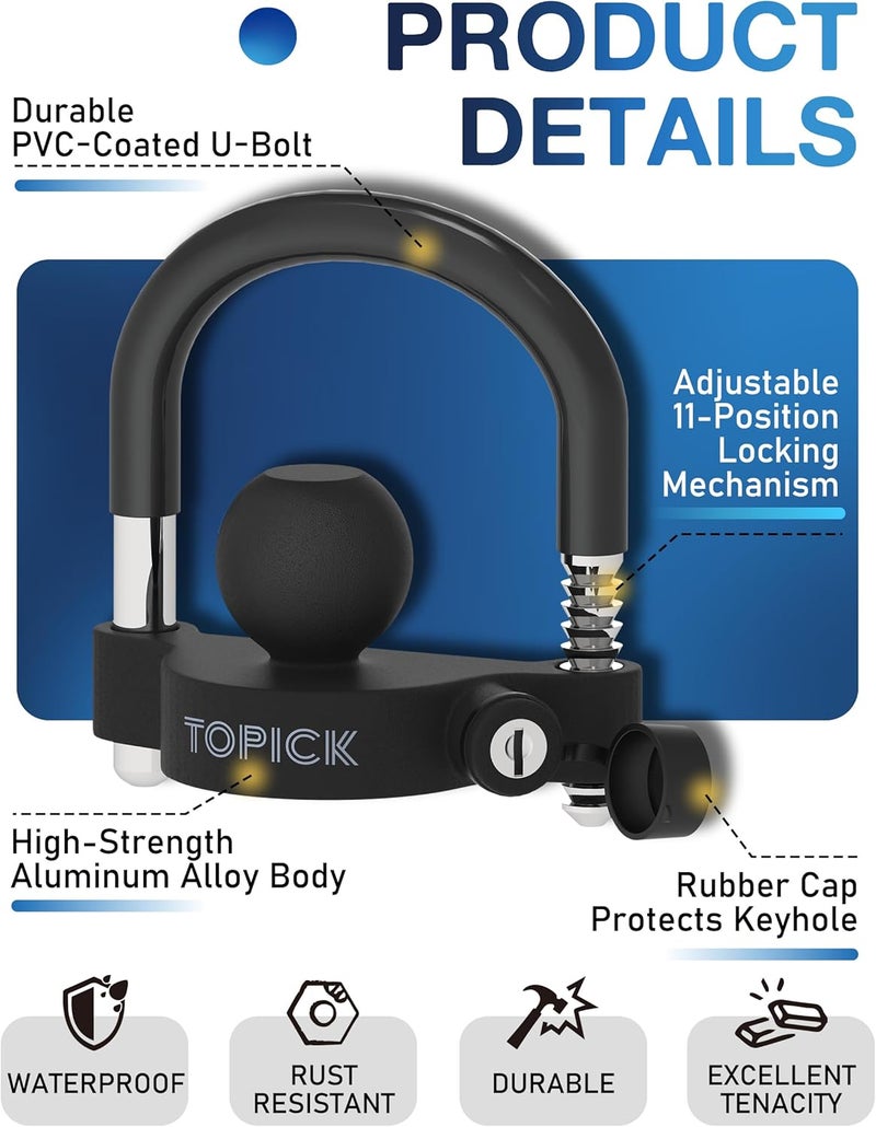 Topick Trailer Coupler Lock, Universal Coupler Ball Lock, Trailer Security Hitch Locks, Fits 1-7/8", 2", and 2-5/16" Couplers, Matte Black with PVC Coated U-Bolt - Image 3