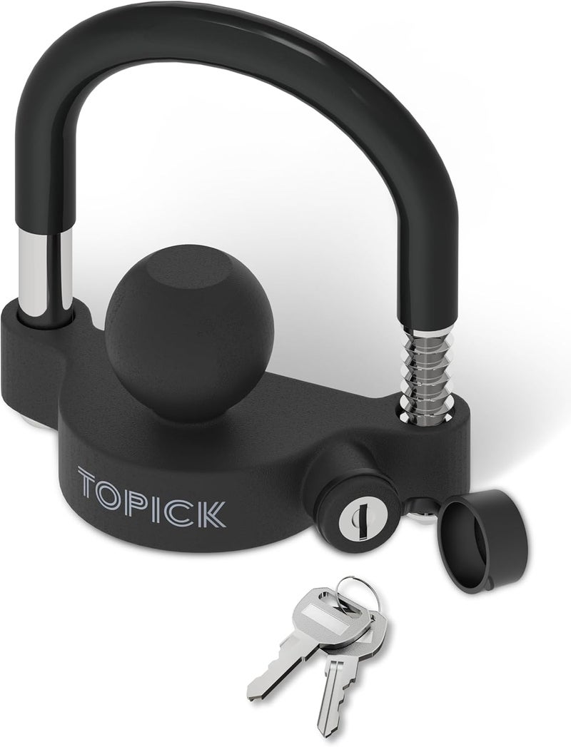 Topick Trailer Coupler Lock, Universal Coupler Ball Lock, Trailer Security Hitch Locks, Fits 1-7/8", 2", and 2-5/16" Couplers, Matte Black with PVC Coated U-Bolt - Image 1