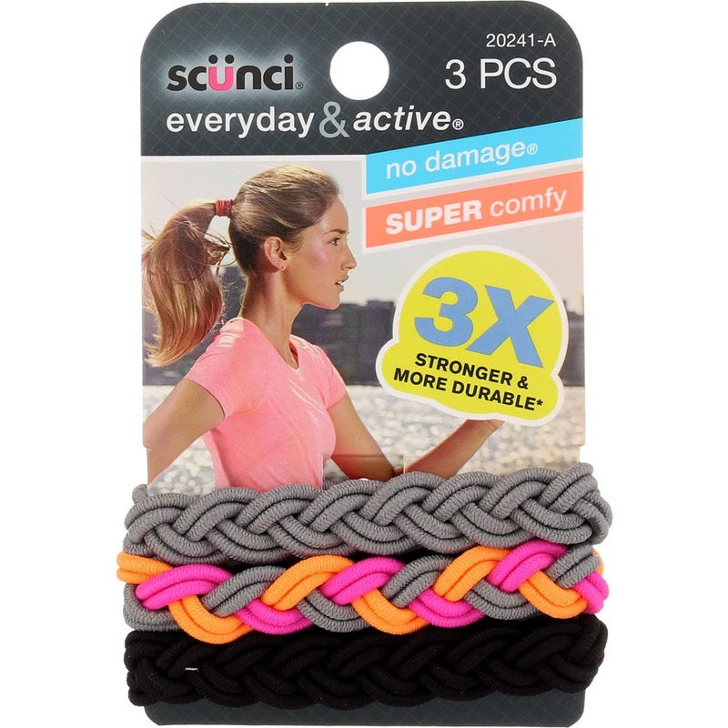 Scunci Everyday and Active 3Strand Braided Elastics No Damage Super Comfy 3X Stronger Assorted Colors 3PCS