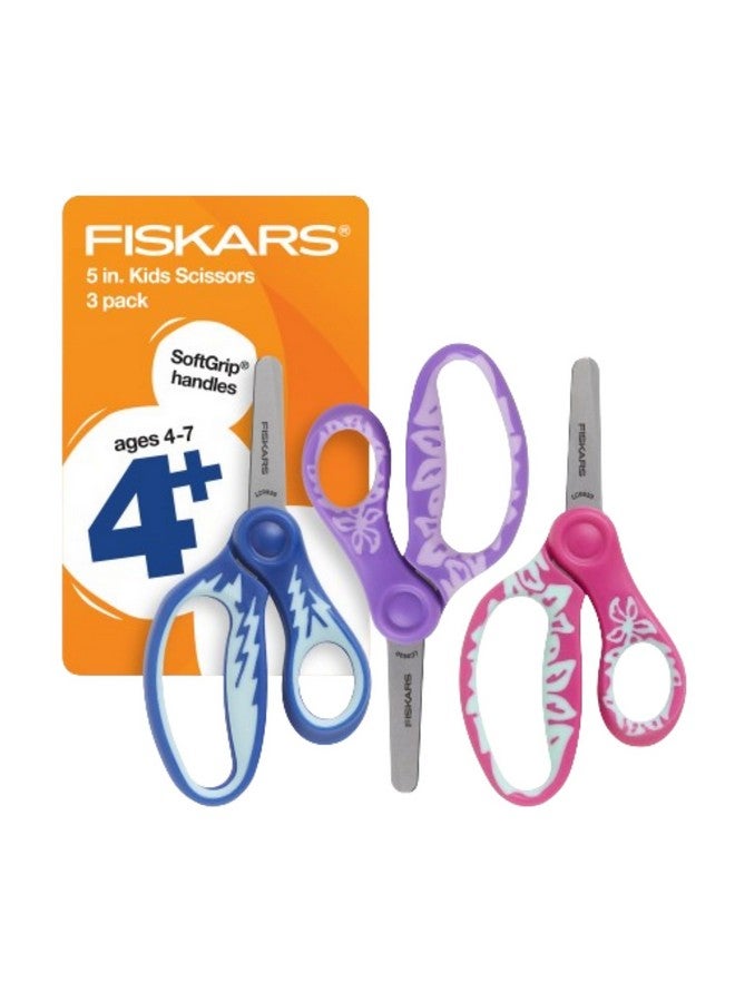 Fiskars 5" SoftGrip Blunt-Tip Scissors for Kids Ages 4-7 (3-Pack), Scissors for School or Crafting, Back to School Supplies, Blue, Purple, and Pink Designs - Image 1