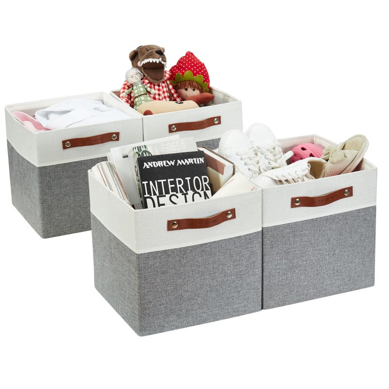 DECOMOMO Fabric Cube Storage Bins  Storage Baskets for Shelves Cube Storage Organizer for Kallax and Cubbies Grey  White 13 inch Cube  4 Pack