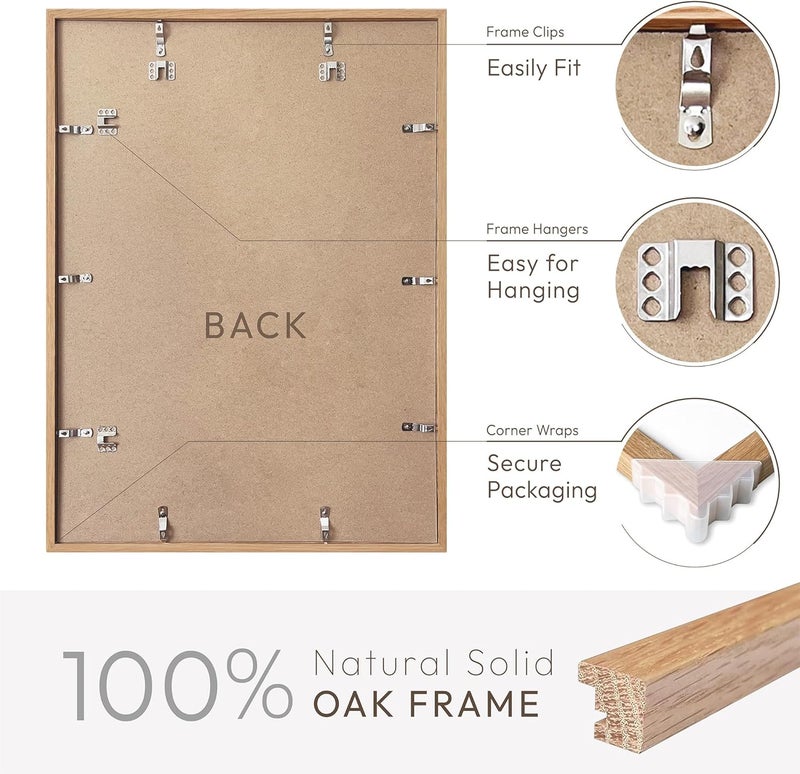 wallwisy 16x24 Wood Frame, Solid Oak 16x24 Poster Frames with Mat to 12x18(Openning Size is 11.7x17.7), Natural Oak 24x16 Frame, Set of 1 - Image 4