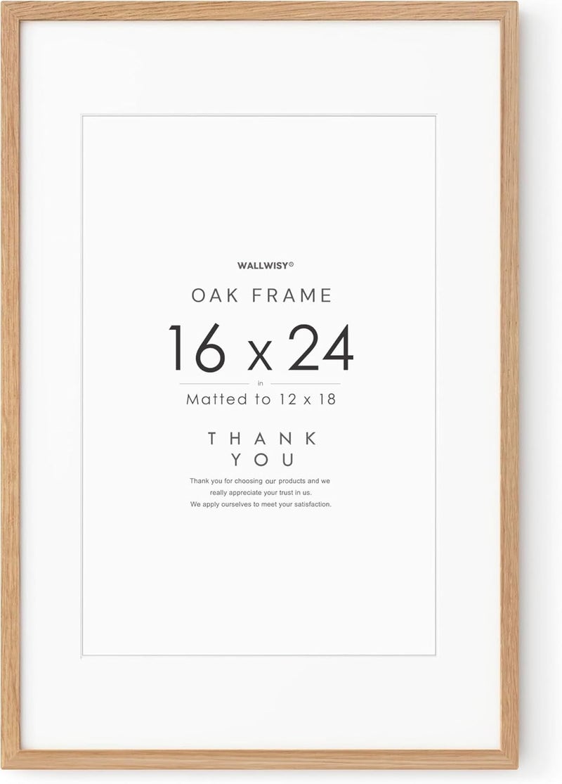wallwisy 16x24 Wood Frame, Solid Oak 16x24 Poster Frames with Mat to 12x18(Openning Size is 11.7x17.7), Natural Oak 24x16 Frame, Set of 1 - Image 1