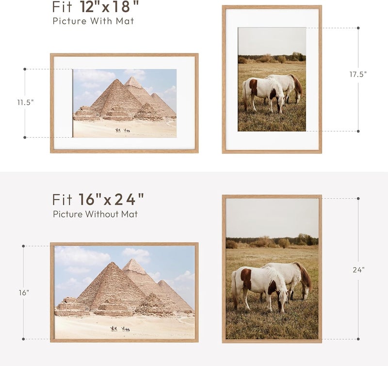 wallwisy 16x24 Wood Frame, Solid Oak 16x24 Poster Frames with Mat to 12x18(Openning Size is 11.7x17.7), Natural Oak 24x16 Frame, Set of 1 - Image 3