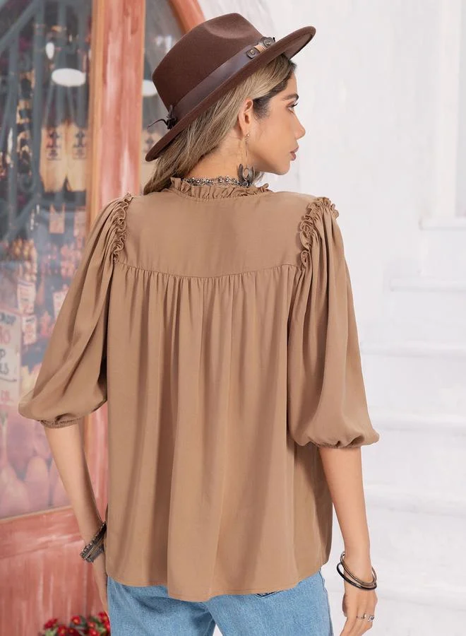 Take Two Styli Solid Frill Trim Tie-Up Neck Shirts