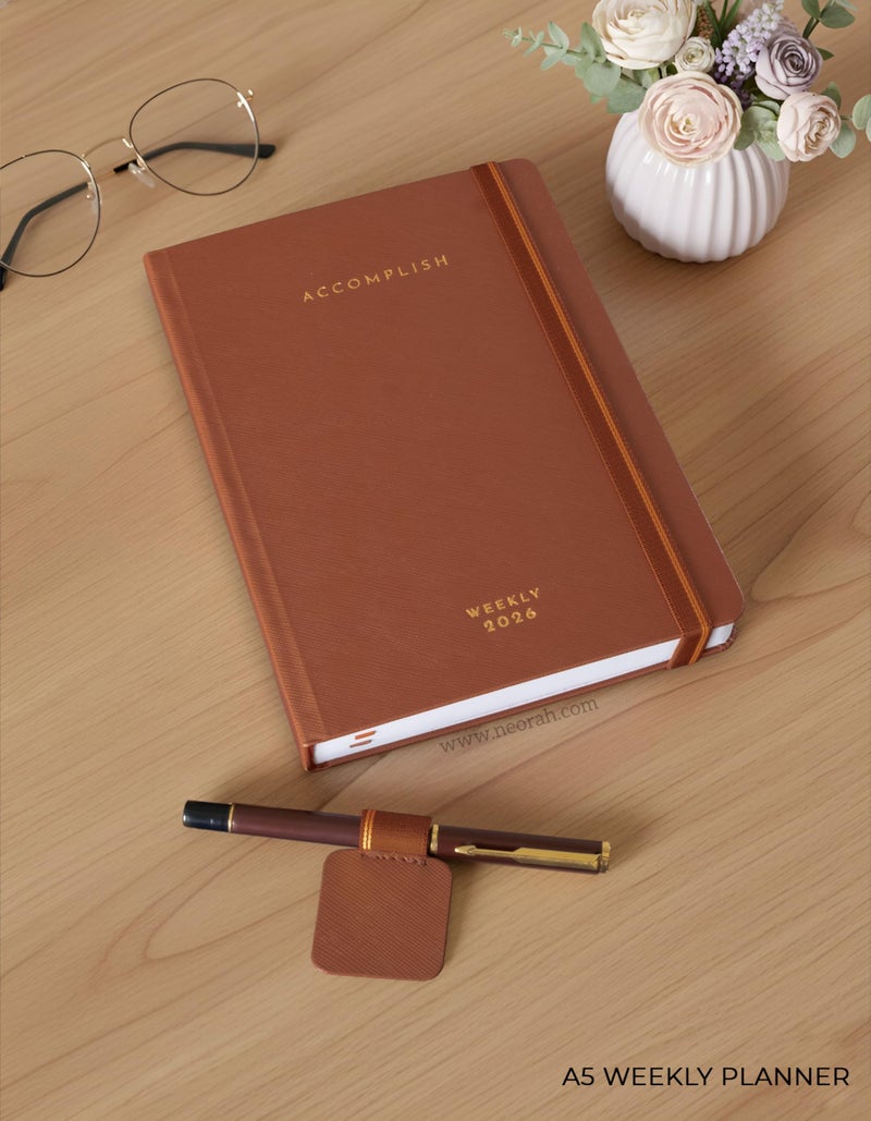 NEORAH — A5 Dated WEEKLY Planner 2026 ACCOMPLISH—264 Pages of Yearly |12 Month | 52 Week+24 Hours + Notes pages for each week— Office Diary Academic diary-Hardcover [Pen Loop Attachable] (UMBER) - Image 4