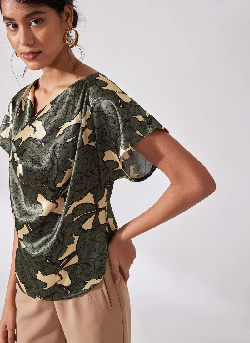 Camouflage Satin Cowl Top – Stylish & Versatile