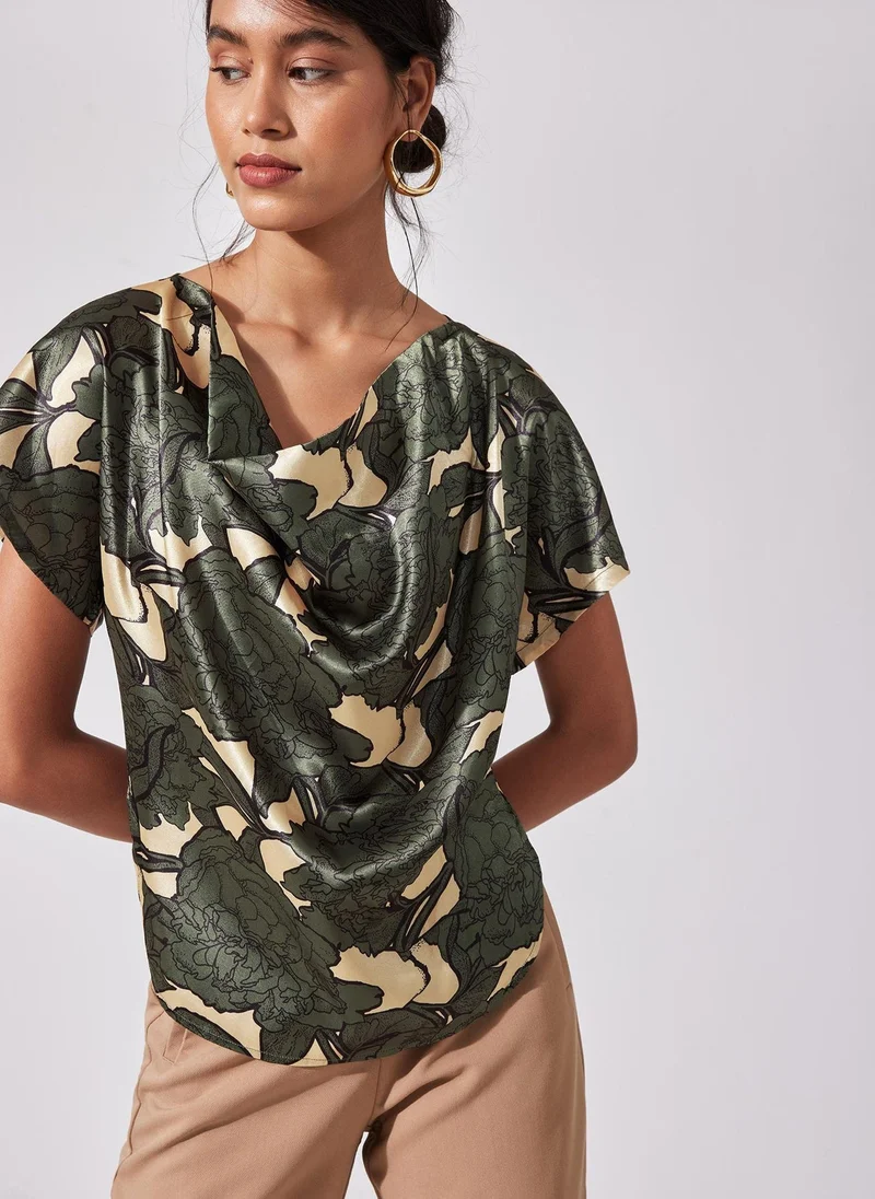 The Label Life Camouflage Satin Cowl Top – Stylish & Versatile