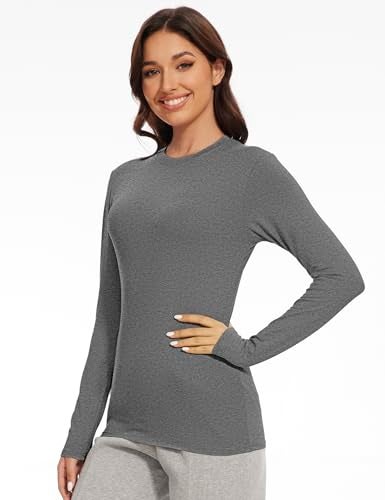Kinglaman 5 Pack Womens Basic Long Sleeve Shirts Crew Neck Slim-Fit Fitted T Shirts Tops Undershirts Underscrub Baselayer 2 Black 2 White 1 Heather Grey Small - Image 4