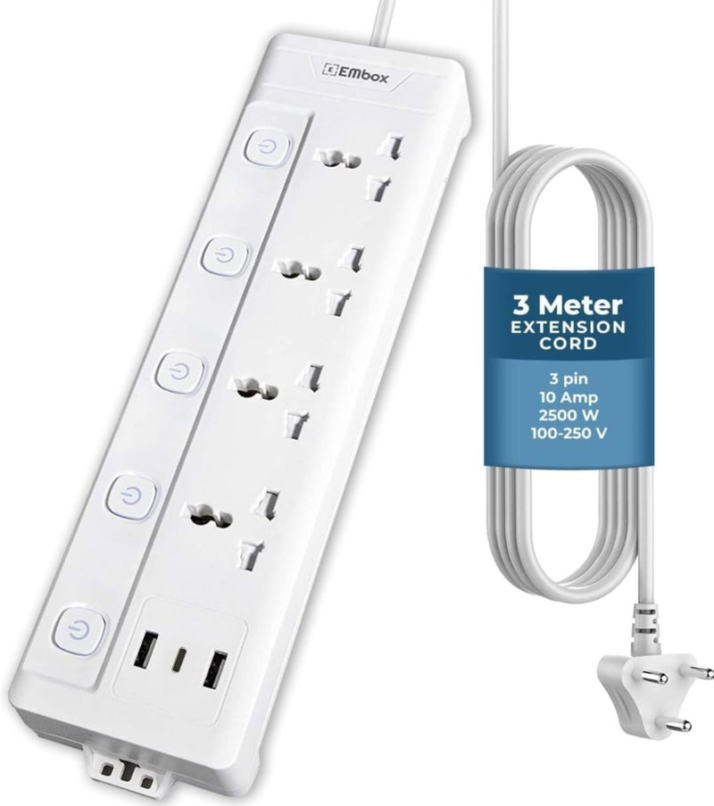 EMBOX Extension Board with USB Type C | Individual Switches Spike Guard, 6 amp Universal Sockets| LED Indicator 2500W, 3 Meter Extension Cord - Image 1