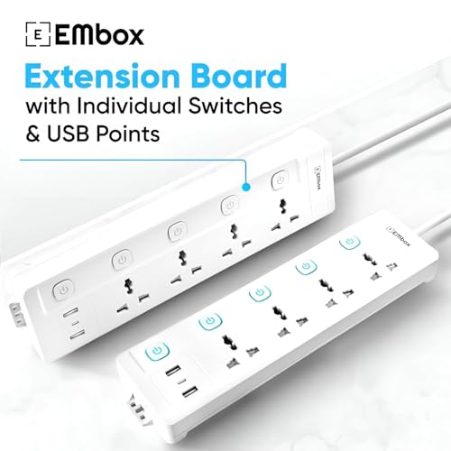 EMBOX Extension Board with USB Type C | Individual Switches Spike Guard, 6 amp Universal Sockets| LED Indicator 2500W, 3 Meter Extension Cord - Image 2