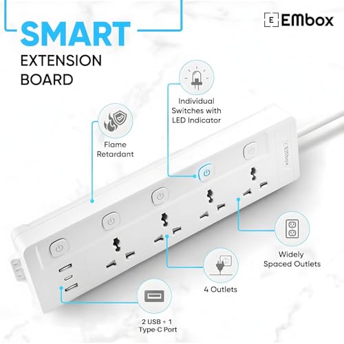 EMBOX Extension Board with USB Type C | Individual Switches Spike Guard, 6 amp Universal Sockets| LED Indicator 2500W, 3 Meter Extension Cord - Image 3