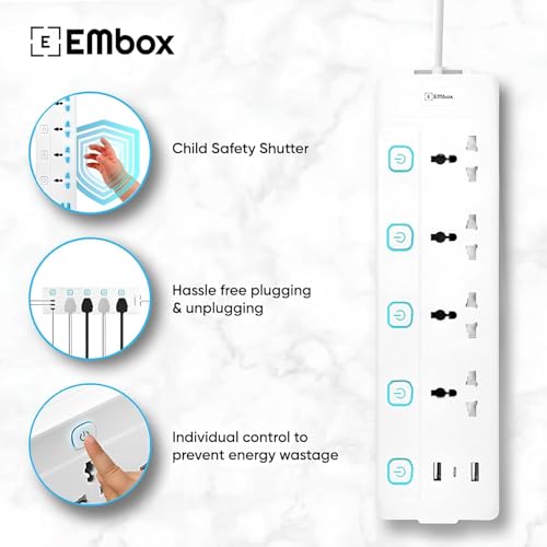 EMBOX Extension Board with USB Type C | Individual Switches Spike Guard, 6 amp Universal Sockets| LED Indicator 2500W, 3 Meter Extension Cord - Image 4