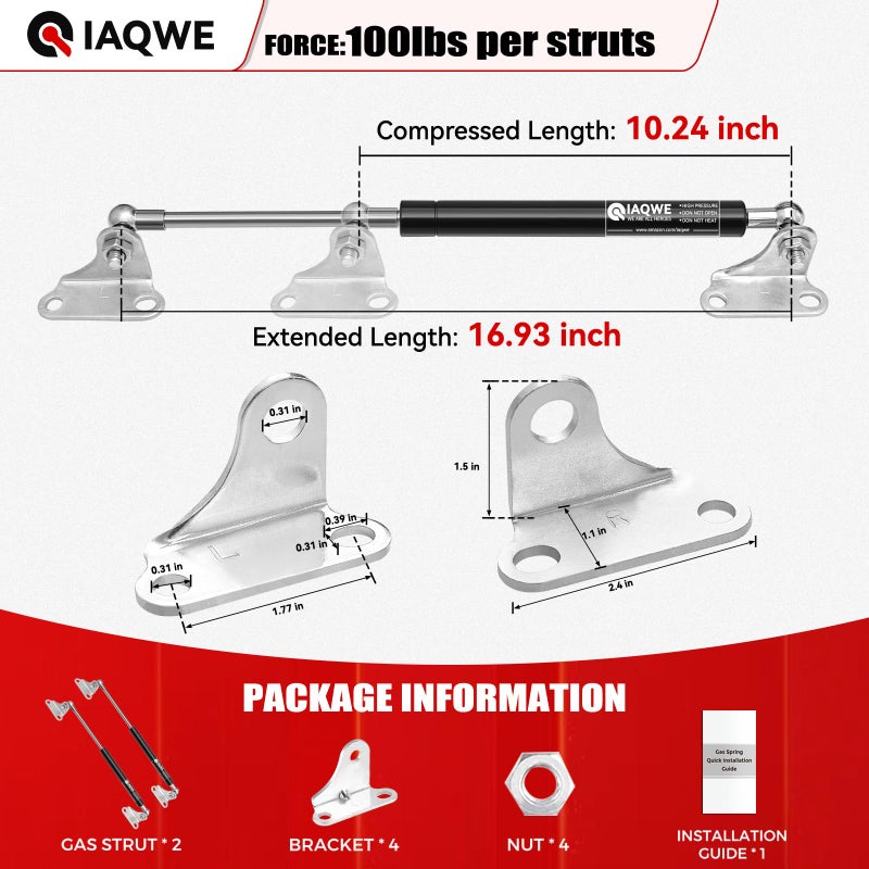 IAQWE 17 إن 100 رطل/445 نيوتن زنبركات غازية لدعم الرفع لصناديق الأدوات وأغطية الأسرة وخزائن الأثاث وفتحات الأرضيات وصناديق القمامة ومقاعد التخزين الخارجية مع تركيب على شكل L، 2 قطع - Image 2