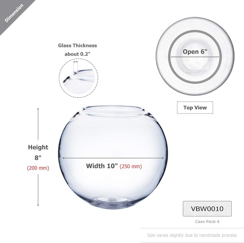 WGVI مزهرية زجاجية على شكل وعاء WGV، قطر 10 بوصات، ارتفاع 8 بوصات، عرض الفتحة 6 بوصات (خيارات متعددة للأحجام) حوض زرع فقاعي شفاف، تررم، حوض سمك لتزيين المنزل والمناسبات، قطعة واحدة (VBW0010) - Image 2
