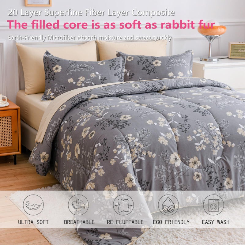 AIKASY Grey Queen Bed in a Bag 7-Pieces, Comforter Set with Sheets,Tree Branches and Flowers Printing Design,Ultra Soft Down Alternative All Season Bedding Set(Queen, Grey) - Image 5
