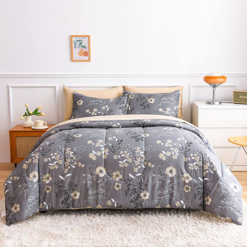 AIKASY Grey Queen Bed in a Bag 7-Pieces, Comforter Set with Sheets,Tree Branches and Flowers Printing Design,Ultra Soft Down Alternative All Season Bedding Set(Queen, Grey) - Image 2