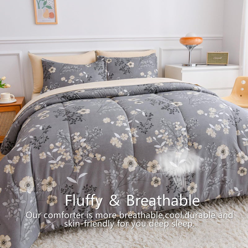 AIKASY Grey Queen Bed in a Bag 7-Pieces, Comforter Set with Sheets,Tree Branches and Flowers Printing Design,Ultra Soft Down Alternative All Season Bedding Set(Queen, Grey) - Image 3