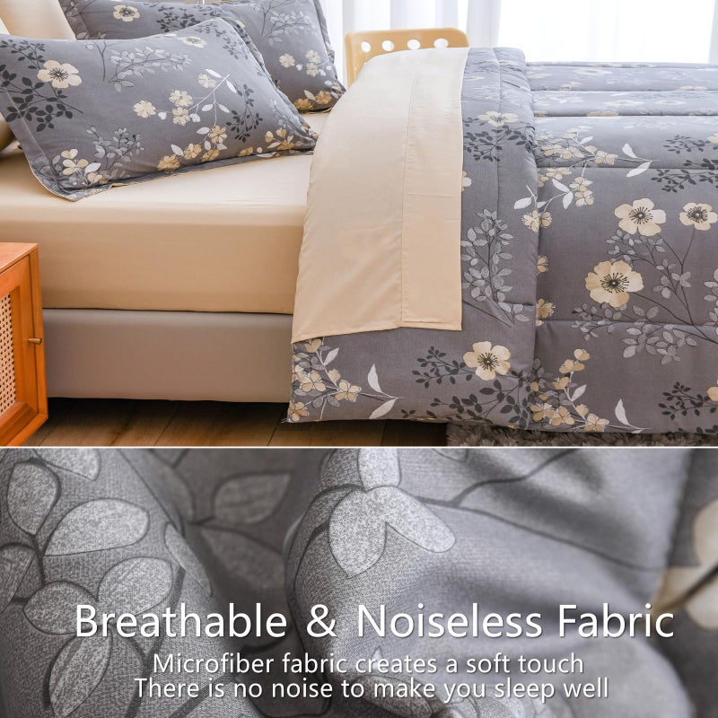 AIKASY Grey Queen Bed in a Bag 7-Pieces, Comforter Set with Sheets,Tree Branches and Flowers Printing Design,Ultra Soft Down Alternative All Season Bedding Set(Queen, Grey) - Image 4